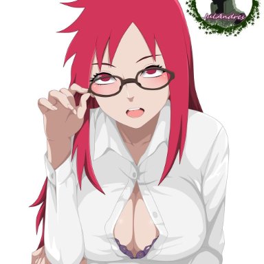 adjusting glasses, arm under breasts, bra, cleavage, costume, female, female only, glasses, long hair, looking at viewer, naruto, naruto (series), naruto shippuden, open shirt, red eyes