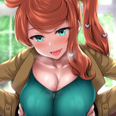 1boy, aqua eyes, bangs, blush, breast squeeze, breasts, cleavage, collarbone, female, green sweater, highres, large breasts, long hair, long sleeves, looking at viewer