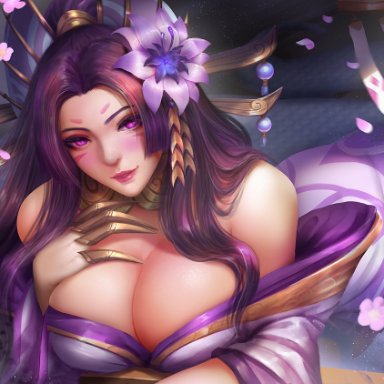 1girls, alternate costume, big breasts, breasts, cassiopeia, cleavage, female, female only, large breasts, league of legends, looking at viewer, solo, spirit blossom cassiopeia, windwalker