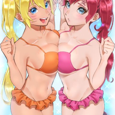 2girls, abs, artist request, bikini bottom, bikini top, blonde hair, blue eyes, blush, breast press, breasts, busty, canon genderswap, cleavage, cute, face markings