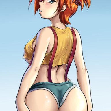 ass, ass grab, big ass, big breasts, blue eyes, blush, clothed female, dat ass, female, female focus, female only, green eyes, huge ass, kasumi (pokemon), legs