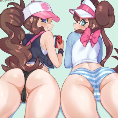 :o, 2girls, ass, big ass, blue eyes, blush, brown hair, cameltoe, double bun, female, female only, hair bun, high resolution, hilda (pokemon), jtveemo