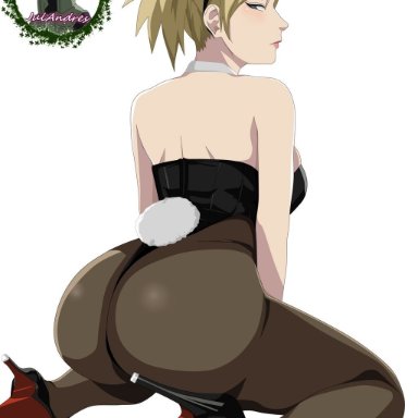 ass, bare shoulders, bunny ears, bunny girl, bunny tail, bunnysuit, detached collar, fake animal ears, female, female only, footwear, heels, kneeling, lipstick, looking at viewer