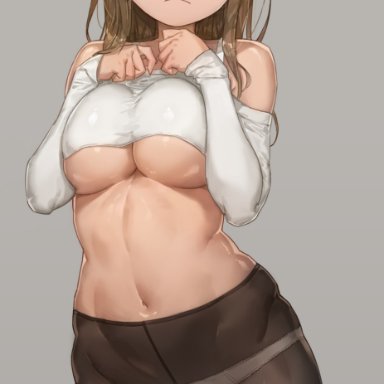 1girls, absurdres, bare shoulders, black legwear, blush, breast suppress, breasts, brown hair, closed mouth, cowboy shot, crop top, embarrassed, female, female only, grey background