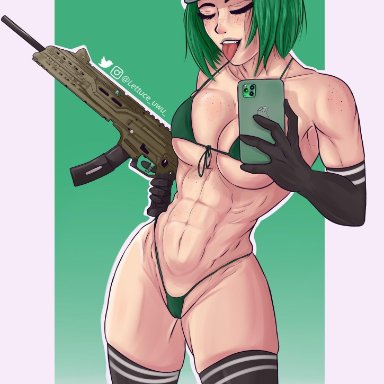 1girls, abs, armwear, baseball cap, big breasts, bikini, breasts, closed eyes, ela, elzbieta bozak, freckles, goggles on head, green hair, lettuce uwu, phone