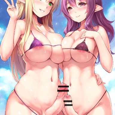 2futas, balls, balls in panties, bikini, blonde hair, breast press, breast squish, breasts, censored, cleavage, dickgirl, elf, elf ears, erection, foreskin