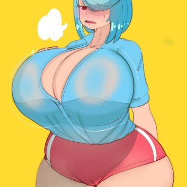 1girls, big breasts, bloomers, blue hair, brown eyes, female, fladdykin, huge breasts, huge thighs, large breasts, medium hair, original, original character, sweat, thick thighs