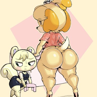 1 boy, 1 girl, animal crossing, anthro, anthrofied, ass, big ass, bulge, heels, huge ass, isabelle (animal crossing), marshal (animal crossing), nintendo, purple yoshi draws, size difference