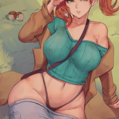 1girls, artist name, big breasts, coat, female, glasses, green eyes, nintendo, nipple slip, orange hair, pale skin, pale-skinned female, pants down, pokeball, pokemon