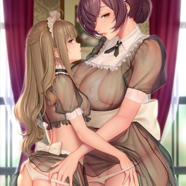 2girls, after kiss, age difference, ass, bra, breasts, brown hair, commentary request, cowboy shot, dress, hair bun, hands on ass, height difference, indoors, large breasts