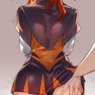 ass grab, battle academia lux, battle academia series, big butt, clothed, curvy, disembodied hand, from behind, hand under clothes, heart, league of legends, luxanna crownguard, panties, ratatatat74, red hair