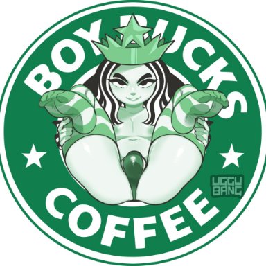 1boy, androgynous, black hair, bulge, femboy, funny, girly, male, penis bulge, rule 63, starbucks, starbucks siren, uggu bang, watermark, white background