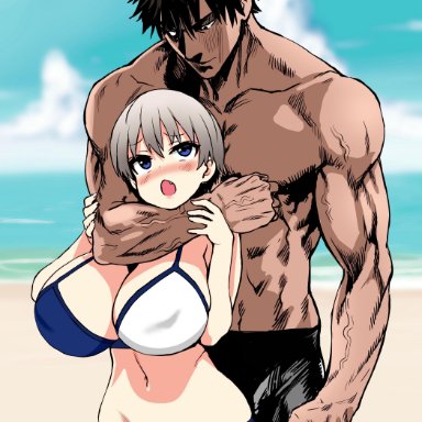 1boy, 1girls, asanagi, big breasts, blue eyes, blush, edit, grey hair, huge breasts, larger male, meme, muscular male, pale skin, pale-skinned female, sakurai shinichi