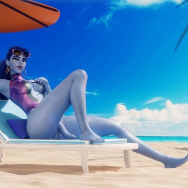 beach, denisem, futanari, legs, looking at viewer, lying, overwatch, widowmaker