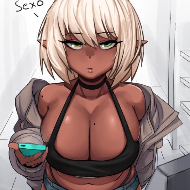 ahoge, big breasts, black tank top, bob hair, bright pupils, choker, cleavage, condom packet, dark elf, dark skin, dark-skinned female, denim shorts, earrings, elf, eyebrows visible through hair