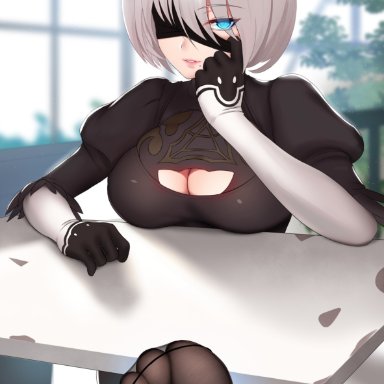 1girls, blue eyes, closed eyes, damao yu, dress, feet, foot fetish, highres, large breasts, looking at viewer, mole, nier: automata, open mouth, pov feet, sitting