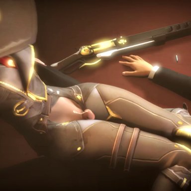 3d, animated, ashe (overwatch), clothed female, clothed male, crotchless pants, cum, dnnsfw, female pov, gun, hat, lipstick, overwatch, penis, sleeves rolled up