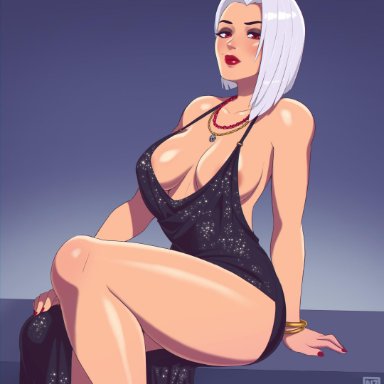 1girls, absurdres, ashe (overwatch), breasts, cleavage, dress, female, female only, highres, looking at viewer, overwatch, rizdraws, solo