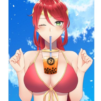 bikini, bubble tea challenge, green eyes, pyrrha nikos, red hair, rwby, sevsweet