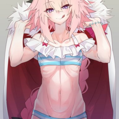 1boy, astolfo (fate), belly, braid, bulge, cape, fate (series), fate/apocrypha, femboy, haoro, long hair, panties, pink hair, solo, solo male