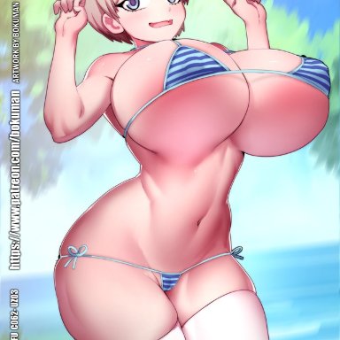 big breasts, bokuman, clothed female, female, female focus, female only, huge breasts, nipples, nipples visible through clothing, short hair, solo, solo female, solo focus, thick thighs, thighhighs