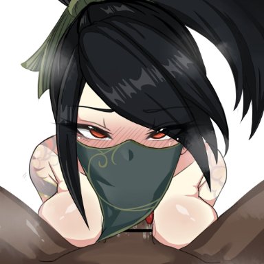 akali, asian, bbc, big breasts, blowjob, blue eyes, blush, dark-skinned male, drooling, league of legends, masked, red eyes, riot games, saliva, tattoo