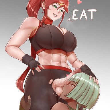 1futa, abs, aestheticc-meme, ball sucking, balls, big breasts, breasts, cleavage, clothed, clothing, dickgirl, emerald sustrai, erection, female, futa on female