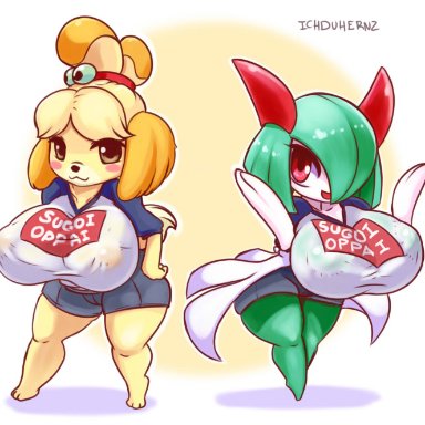 2girls, animal crossing, animal ears, anthro, big breasts, blush, crossover, furry, green skin, huge breasts, humanoid, ichduhernz, isabelle (animal crossing), kirlia, large breasts
