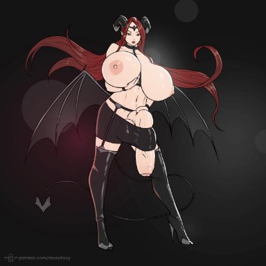 1futa, auburn hair, balls, bat wings, big balls, breasts, color, demon, flaccid, futa only, futanari, garter belt, high heels, horns, huge breasts