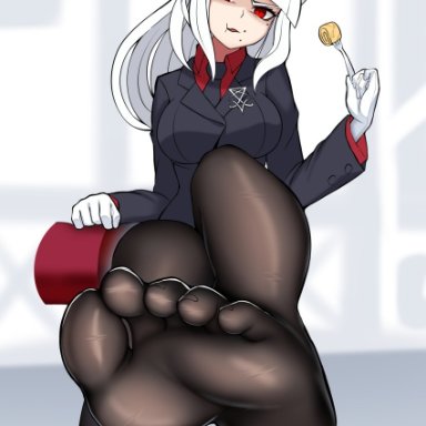 barefoot, big breasts, black blazer, black tie, damao yu, domintation, feet, female, female focus, helltaker, horns, looking at viewer, lucifer (helltaker), red eyes, red shirt