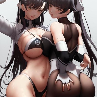 2girls, animal ears, ass grab, atago (azur lane), azur lane, back view, belly, belly button, big ass, big breasts, bikini, black hair, bodysuit, bow, fingerless gloves