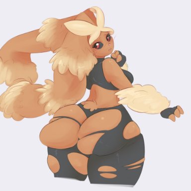1girls, anthro, anthrofied, ass, big ass, black sclera, bottom heavy, breasts, brown fur, bunny ears, bunny tail, gloves, huge ass, looking back, lopunny