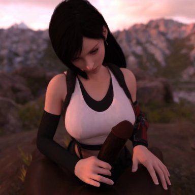 1boy, 1boy1girl, black dicks, black skin, blacked, clothed, final fantasy, final fantasy vii, final fantasy vii remake, handjob, mountain, nature, outside, straight, tifa lockhart