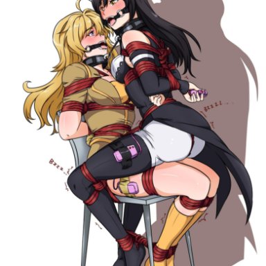 2girls, amber eyes, arms behind back, black hair, blake belladonna, blonde hair, blush, bondage, bound together, bow, breasts to breasts, chair, collar, drool, drooling