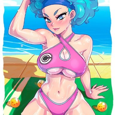 afro, big breasts, blue eyes, blue hair, bulma briefs, dragon ball, dragon ball z, female, female focus, female only, kajinman, long hair, mature female, solo, solo female