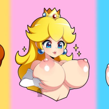 3girls, areolae, big breasts, blonde hair, blue background, blue eyes, blush, breast, breasts, brown hair, crown, cute, ear piercing, earrings, erect nipples