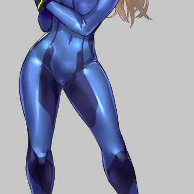 big breasts, blonde hair, breasts, color, gun, heels, metroid, negresco, ponytail, samus aran, solo, thighs, zero suit, zero suit samus