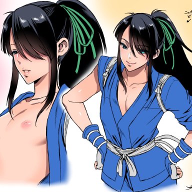 1boy, black hair, blue eyes, drifters, femboy, long hair, male focus, male only, nasu no yoichi, nipples, ponytail, ribbon, smile, solo, solo male