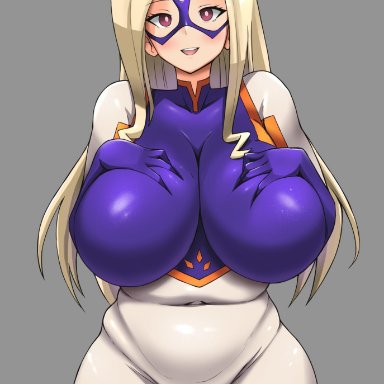 1girls, belly, big breasts, bodysuit, eye contact, female, grey background, hero outfit(mha), horns, huge breasts, large breasts, long hair, looking at viewer, mask, mount lady