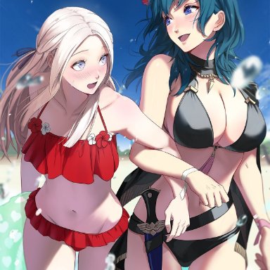 :d, 2girls, bangs, bare arms, bare shoulders, big breasts, bikini, black bikini, black swimsuit, blue eyes, blue hair, blue sky, blush, breasts, byleth (female)