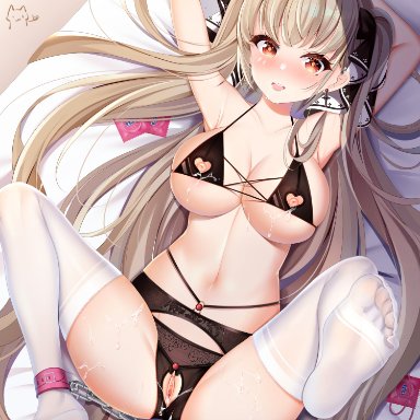after sex, arms behind head, azur lane, bangs, bare shoulders, black bra, black nails, black panties, blush, bondage, bound, bra, breast cutout, breasts, chained