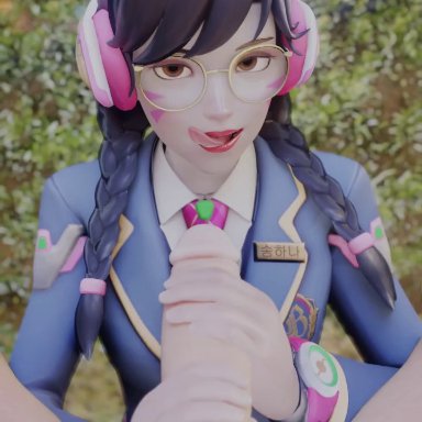 1boy, 1girls, academy d.va, animated, big penis, bwc, clothed female, clothed female nude male, d.va, erect penis, female, female focus, glasses, handjob, huge cock