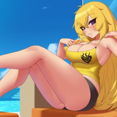 1girls, armpits, artist name, ass, bare legs, big ass, blonde hair, blush, breasts, bursting breasts, cleavage, clothed, clothing, cloud, couch