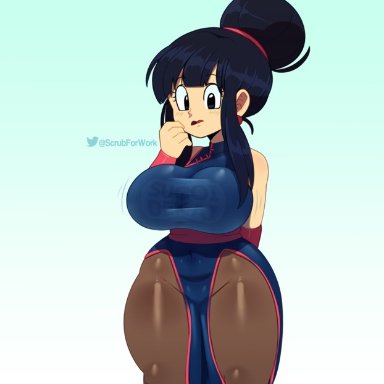 1girl, arm behind back, black hair, blush, breasts, chichi, china dress, chinese clothes, clothed, clothing, dragon ball, eyelashes, female, female only, frown