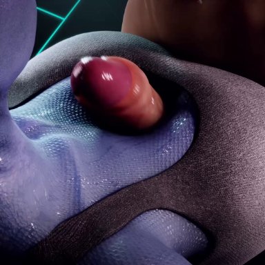 16:9 aspect ratio, 1boy, 1girl, 3d, 3d animated, alien, alien girl, animated, big penis, black tank top, blue skin, breasts, cleavage, clothing, faceless male