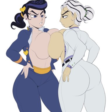 2girls, big breasts, detnox, diamond is unbreakable, jojo's bizarre adventure, josuke higashikata, kosaku kawajiri, pompadour, pressing breasts together, rule 63, school uniform, suit, symmetrical docking, white hair, yoshikage kira