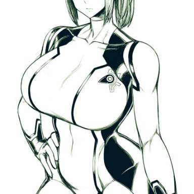 big breasts, black and white, breasts, metroid, ponytail, samus aran, solo, spacezin, thick thighs, thighs, zero suit, zero suit samus