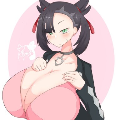 1girls, alternate breast size, big breasts, black hair, choker, female, green eyes, huge breasts, large breasts, marnie (pokemon), nintendo, pale skin, pale-skinned female, pokemon, pokemon ss