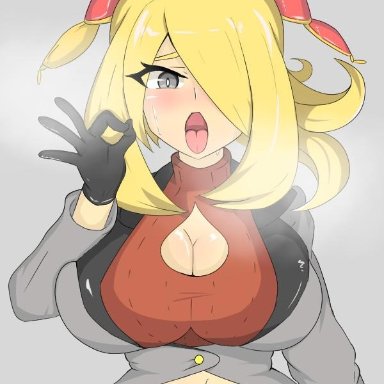 1girls, alternate costume, big breasts, blonde hair, blush, cynthia (pokemon), female, gloves, grey eyes, huge breasts, large breasts, long hair, nintendo, open mouth, oral invitation