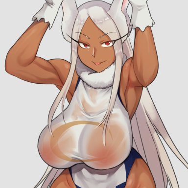 1girls, areolae, big breasts, bunny ears, dark skin, dark-skinned female, devilukez, female, huge breasts, large breasts, long hair, miruko, muscular female, my hero academia, rumi usagiyama